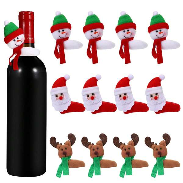 12pcs Christmas Wine Bottle Toppers, Santa Claus, Snowman, Reindeer Bottle Holders, Christmas Home Hotel Bar Restaurant Party Decor, 3 Styles