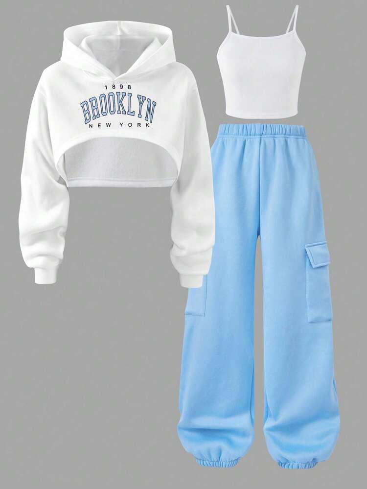 10歳女の子用 ヨーロッパ&アメリカ風 秋冬新作スウェットスーツ、英語プリントロゴ ファッション長袖トップス ベスト ロングパンツ 3点セット、デイリー、アウトドアレジャー、ストリートスタイル、ストリートダンス ジャズダンス作業パンツスーツに適しています。 - ベビーブルー - 見る 9