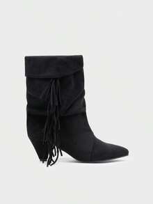 Women's Slouchy Fringe Boots – Gathered Pointed Toe Mid Heel Boho Boots Without Zipper - 黑色 - 查看 2