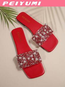 PEIYUMI Sandales d'été confortables à talon bas épais, décorées de perles et de strass, pour femmes en grande taille. Sandales de plage décontractées - Rouge - Voir 7