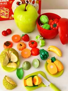 Kids Play Kitchen Cutting Toy Set, Realistic Fruit & Vegetable Playset With 2 Large Apples, Storage Box, Knife & Cutting Board, Ideal Gift For Boys Girls Birthday Christmas, Develops Hands-On Skills, Imagination - Red - View 2