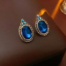 1pc Retro  Blue-Tone Faux Gem Choker & 1pc Retro  Blue-Tone Faux Gem Earrings |   Gold-Plated With Faux Diamonds, Translucent & Eye-Catching, Light Luxury & Elegant, Multi-Occasion Suitable, Unique No Duplicates, For Gifting & Daily Wear - Dây chuyền - Vàng - Xanh - Xem 6