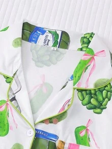 2-Piece Set Of Women's Cucumber, French Fries, Bow Print Home Clothes Casual Set, Lapel Top With Buckle And Elastic Shorts Matching Pajamas Set, Knitted Fabric Comfortable And Soft, Machine Washable And Suitable For Outdoor Wear, Suitable For Sleepwear Parties, Daily Home, Family Clothing And Christmas Gifts - 白色 - 查看 7