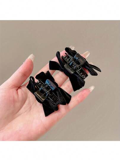 2pcs/Set Celebrity Style Black Velvet Bow Hair Clips, Cute Bangs Hair Clips For Women
