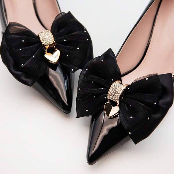 1 Pair Black Studded Heart-Shaped Buckle, Minimalist Fabric Bow Design Shoe Clips Decor, Fashionable & Elegant, Suitable For High Heels & Flats, Exquisite Gift For Women & Girls