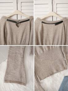 女士迷人镂空露肩灰色毛衣，秋冬 - 卡其色 - 查看 8