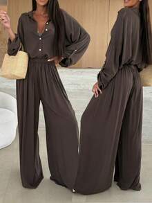 Whisplicity Plus Women's Solid Color Button Up Shirt&Pants Plus Size Elegant Two Pieces Set Spring - Mocha Brown - View 2