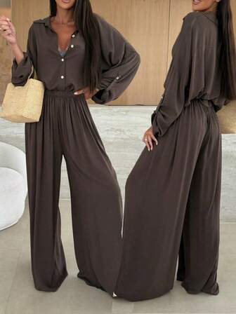 Plus Women's Solid Color Button Up Shirt&Pants Elegant Two Pieces Set