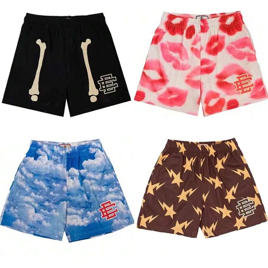 2025 New Summer EE   Basic Mesh Short Classic Floral Printed Gym Shorts Men's Gym Basketball Sports Beach Shorts - 黑方子 - 查看 1