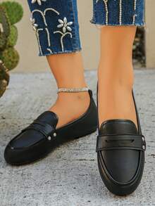 女士舒适防滑圆头低跟黑色平底一脚蹬休闲乐福鞋莫卡辛鞋，适合秋季日常穿着 - 黑色 - 查看 4