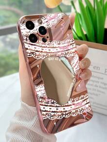 1pc Fashion Brilliant 3D Textured Electroplated Rose Gold Phone Case With Lace, Bow, Star, Slogan Elements Combination + Makeup Mirror, Compatible With Iphone 16/16 Pro/16 Plus/16 Pro Max/15/15 Pro/15 Plus/15 Pro Max/14/14 Pro/14 Plus/14 Pro Max/13/13 Pro/13 Pro Max/12/12 Pro/12 Pro Max/11/11 Pro Max - Rose Gold - View 1