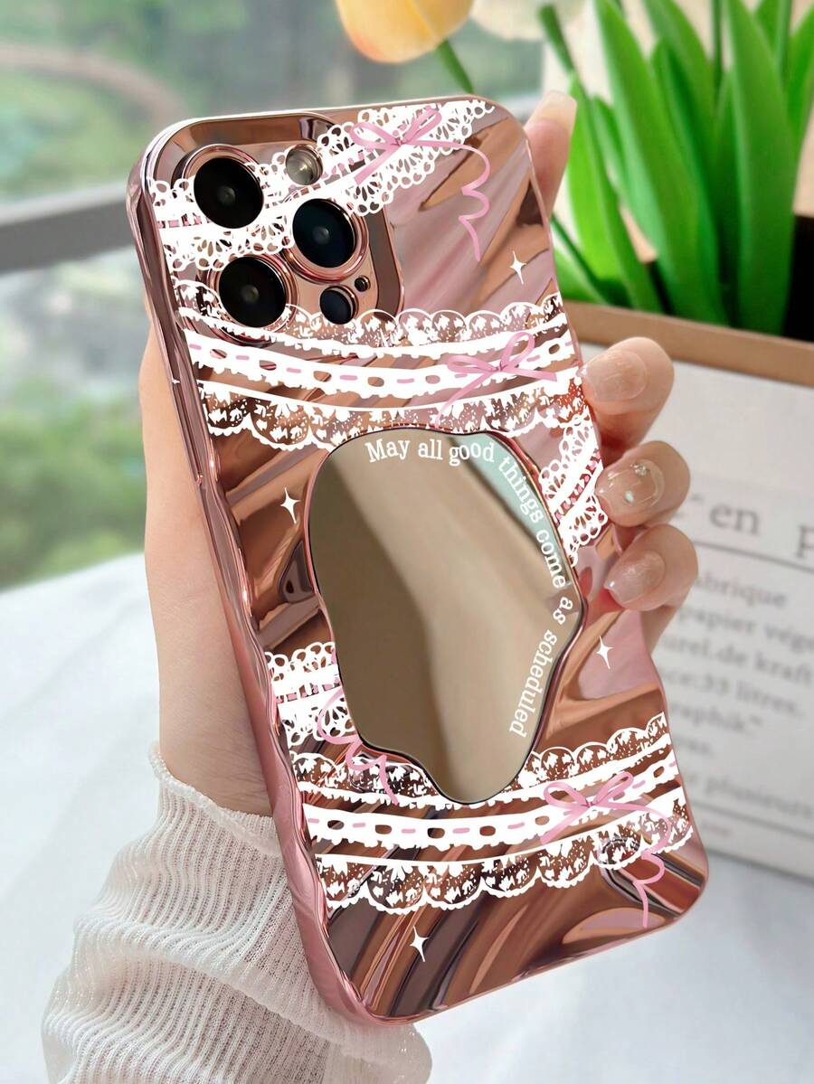 1pc Fashion Brilliant 3D Textured Electroplated Rose Gold Phone Case With Lace, Bow, Star, Slogan Elements Combination + Makeup Mirror, Compatible With Iphone 16/16 Pro/16 Plus/16 Pro Max/15/15 Pro/15 Plus/15 Pro Max/14/14 Pro/14 Plus/14 Pro Max/13/13 Pro/13 Pro Max/12/12 Pro/12 Pro Max/11/11 Pro Max - Rose Gold - View 1