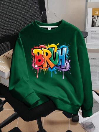Tween Boy Long Sleeved Round Neck Pullover With "BRUH" Print Pattern, Providing A Comfortable, Fashionable, And Casual Autumn And Winter Sweatshirt For School, Shopping, Streetwear And Vacation Wear