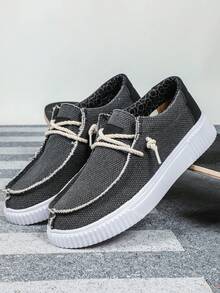 Classic Dark Gray Fabric Breathable Shoes For Men, Featuring A Stylish And Simple Business-Casual Design. Walking Shoes With Slip-On Lace Decoration, Easy To Wear And Remove, Suitable For Travel And Commuting. Flat-Soled Casual Sports Shoes For Men, Suitable For All Seasons, Perfect For Holiday Gifts Or Birthdays. - Màu xám đen - Xem 5
