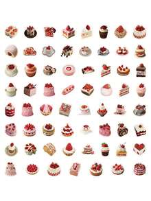 63张草莓蛋糕贴纸，可爱甜点设计，包含多层蛋糕和纸杯蛋糕，甜美乙烯基贴纸，适用于美食日记、计划本和甜点爱好者，剪贴簿用品，文具 - 紅色 - 查看 7