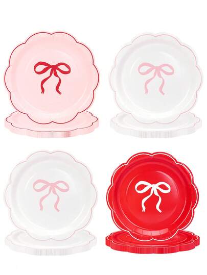 10 piezas/20 piezas/50 piezas Platos de papel con lazo rojo, rosa y blanco de 7 pulgadas con borde ondulado rojo, platos desechables para cena para boda, baby shower, fiesta de cumpleaños, Día de San Valentín, plato de postre