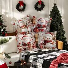 4 piezas Fundas de cojín con estampado de muñeco de nieve y Papá Noel, estilo contemporáneo, de poliéster con cierre de cremallera, lavables a máquina, funda de cojín suave adecuada para Navidad, invierno, granja, sofá, cama, sala de estar, decoración del hogar