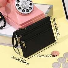 Monedero de Moda con Cremallera para Mujeres, Mini Monedero de Lona de 3 Capas, Bolsa de Monedas de Color Sólido, Bolsa de Almacenamiento, Bolsillo para Dinero, Bolsas para Monedas y Llaves para Chicas - Negro - Ver 6