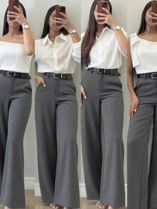 Women's Minimalist Design Flared Leg Casual Trousers, Suitable For Commuting, Office, Daily Wear, All Seasons