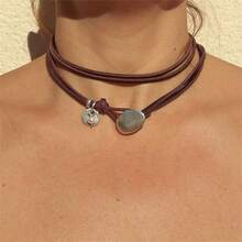 1 Pc Bohemian Women Leather Rope Clavicle Chain Necklace Jewelry Accessories Fashion Collar Alloy Geometric Imitation Pearl Pendant Necklace For Women Birthday/Engagement/Holiday Gifts Everyday Jewelry, Elegant Accessory - 棕色 - 查看 5