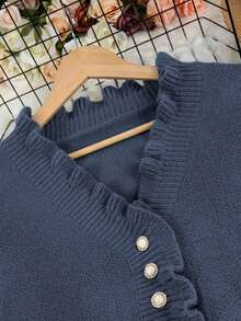 女式优雅V领休闲大码针织毛衣 - 霧霾藍 - 查看 4