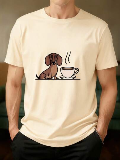 Moda en todas las prendas masculinas t Camiseta de Manga Corta Negra con Estampado de Perro Dachshund y Taza de Café, Ideal para Uso Diario y Ocio