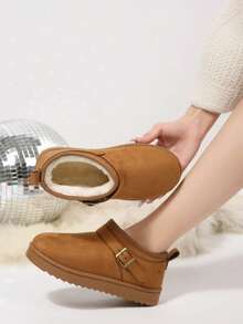 女士雪地靴，软底防滑，新款秋冬短靴，套脚式，时尚简约纯色设计，保暖内衬踝靴，毛绒靴 - 黃色 - 查看 13