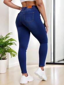 Pantalones vaqueros ajustados de tiro alto azul oscuro con rotos, tejido suave y elástico, estilo casual y versátil - Azul lavado oscuro - Ver 3