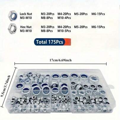 175-Piece Lock Nut And Hex Nut Combination Kit M3 M4 M5 M6 M8 M10, Various Metric Nylon Insert Lock Nut And Hex Nut Sets