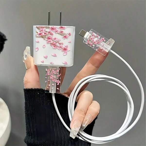 3pcs/Set Cherry Blossom Pattern Charging Adapter Protector Case Compatible With IPhone 18W/20W - Transparent TPU Phone Case With Cable Protector, Perfect Gift