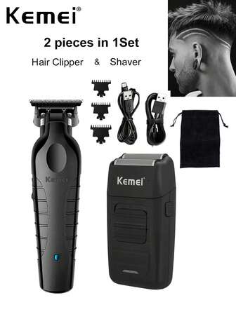  Kemei Brand 2 Pieces Set Electric Hair Clipper And Electric Shaver For Men Professional Hair Trimmer Cordless USB Rechargeable Hair Cutting Machine Men's Carving Machine Razor Set KM-2299 & KM-1102