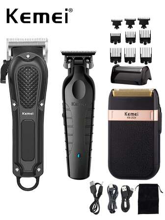 Kemei 3pieces Hair Clippers & Shaver Set KM-1071 Electric Haircut Clipper KM-2299 Sculpting Clipper 0mm Gapped Carving Clipper T-Blade Clipper Electric Hair Trimmer KM-2024 ELectric Shaver Reciprocating Razor For Men Daily Use Personal Care Grooming
