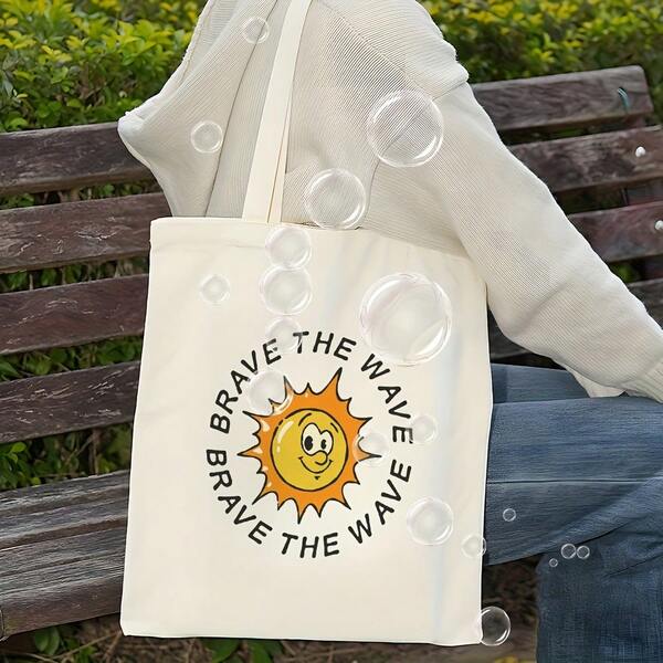 BRAVE THE WAVE Motivational Surfing Tote Bag - Large Capacity Durable Polyester Canvas Reusable Grocery Bag With Vibrant & Wave Design, 15.X13. Stylish Beach, Shopping & Daily Use, Beach Bag, Highquality Construction
