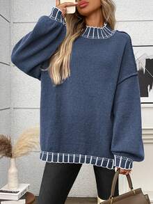 大码休闲圆领条纹撞色针织套头衫