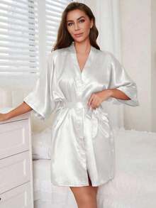 1pc Women's Solid Color Elegant Tie-Up Autumn/Winter Bathrobe, Sexy Short Satin Silk Soft Sleepwear, Suitable For Bride, Bridesmaid, Home Use Back To School - trắng - Xem 1
