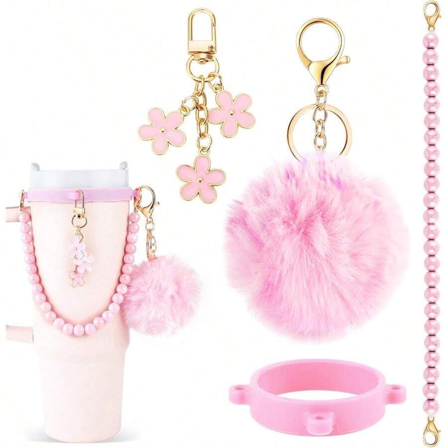 AFRT Water Bottle Accessories For Owala Stanley Cup Accessories Set Hot Pink Water Bottle Handle Strap Decoration Cute Tumbler Cup Accessories Set For Women Water Bottle Holder With Strap - Acblack - 查看 1
