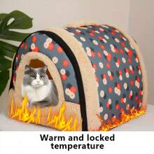 The Winter Heat Insulation Cat House Is Detachable And Washable. It Features A Comfortable Closed Design With A Floral Pattern And Fluffy Decoration. The Polyester Pet Bed Is Suitable For Indoor Cats And Pets. It Is Decorated With Pom-Poms And Is A Cat Furniture - Multicolor - View 1