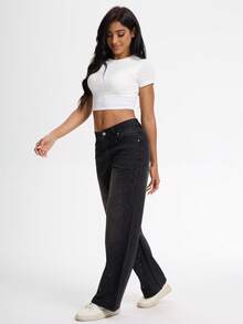 Wanduyini Shiny Gray Straight Leg Jeans For Women, Long Length, Suitable For Party Wear, With Buttons, Zipper, Pockets, Rhinestone Decor, Non-Stretch, Breathable - Black - View 4