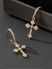 1 par de pendientes con colgante de cruz de rhinestone, diseño único adecuado para mujeres