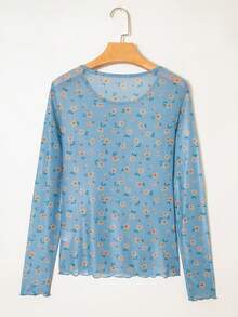 Acelitt 女士复古印花透视网纱性感修身长袖圆领上衣，海湾绿，度假风，秋季 - 藍色 - 查看 4