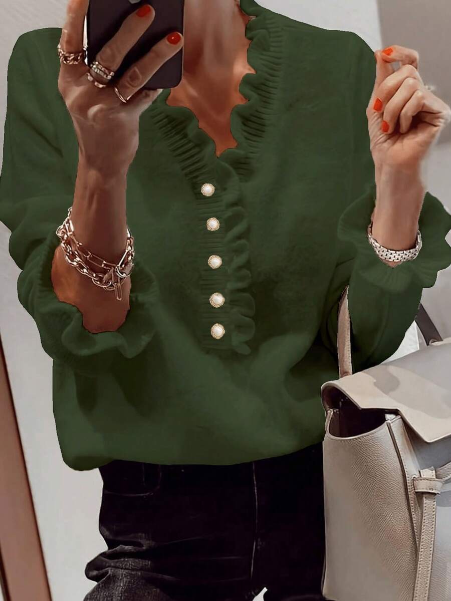 Women's Elegant V-Neck Casual Plus Size Knit Sweater - Army Green - View 1