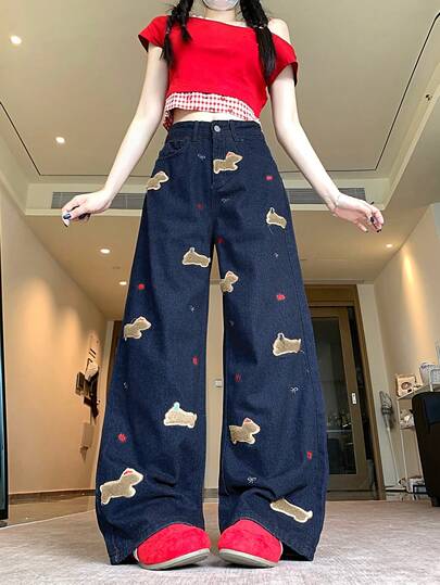Women's High Waist Loose Straight Leg Jeans With Dog Embroidery