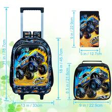 3件套汽车造型拉杆背包，男童儿童带轮背包，UV印花拉杆背包套装，含午餐盒 - 火焰單卡拉桿背包 - 查看 3