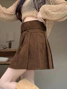 1pc Women Corduroy High Waist Pleated Mini Skirt, With Belt, Autumn/Winter