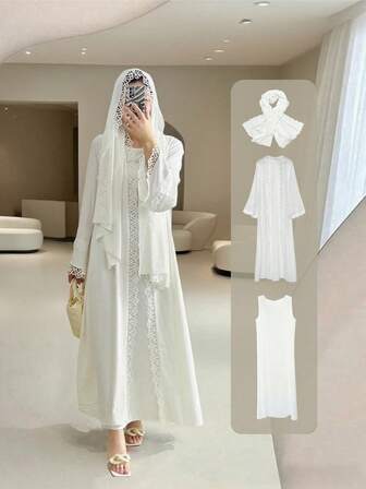 4pcs/Set Lace Trim Abaya With Sleeveless Tank Dress, Headscarf, And Belt