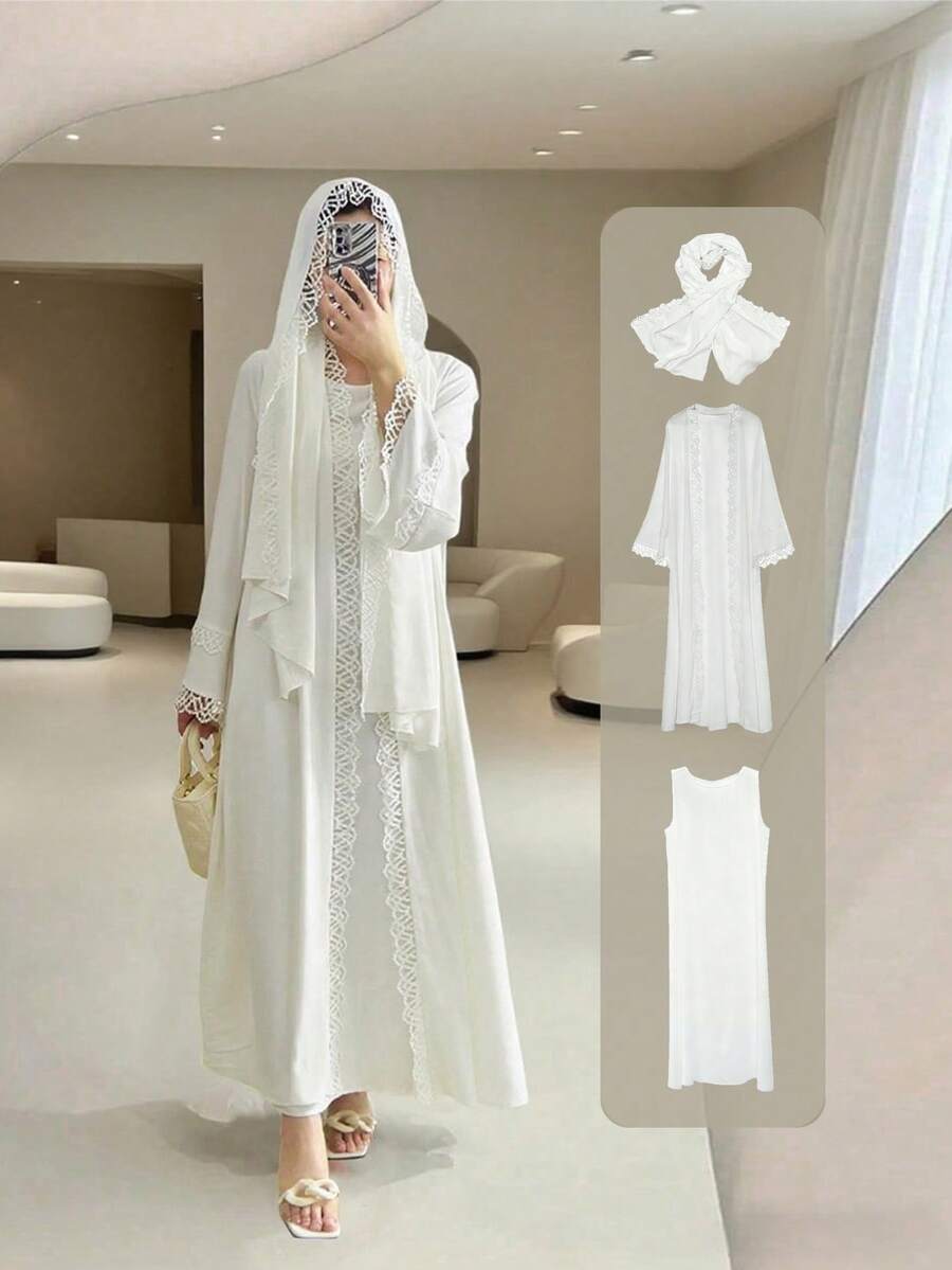 4pcs/Set Lace Trim Abaya With Sleeveless Tank Dress, Headscarf, And Belt