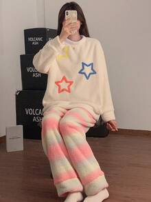 2 Stück/Set Halbfleece flauschige Pyjamas für Frauen, Rundhals Pullover Farbverlauf Sternenmuster warme Loungewear, Herbst/Winter, Herbstkleidung