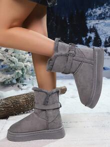 Women's Warm Turnover Cuff Thickened Mid-Calf Snow Boots, Retro Buckle Thick Sole Dual-Wear Snow Boots, Thick Shaft Snow Boots
