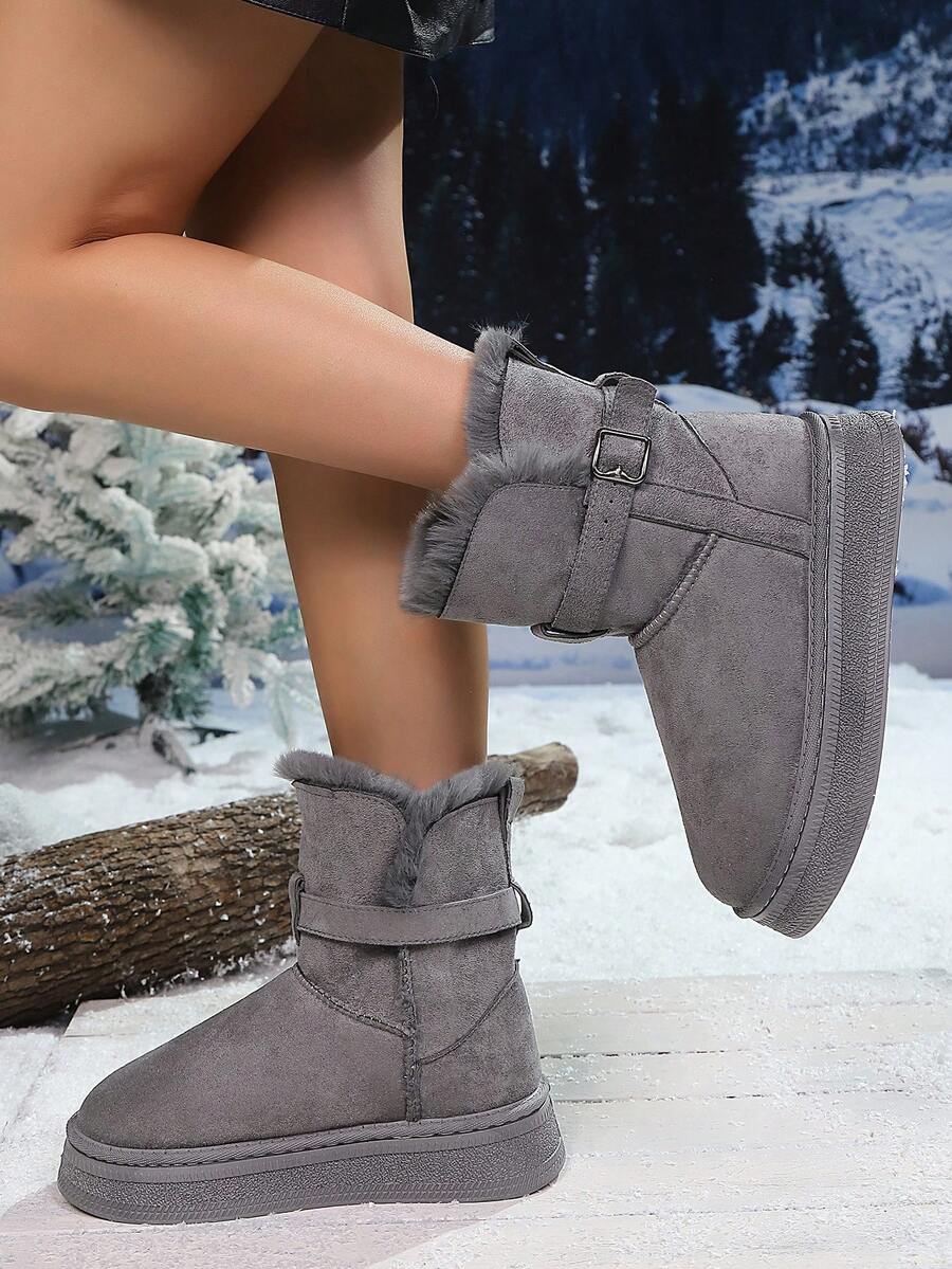 Women's Warm Turnover Cuff Thickened Mid-Calf Snow Boots, Retro Buckle Thick Sole Dual-Wear Snow Boots, Thick Shaft Snow Boots