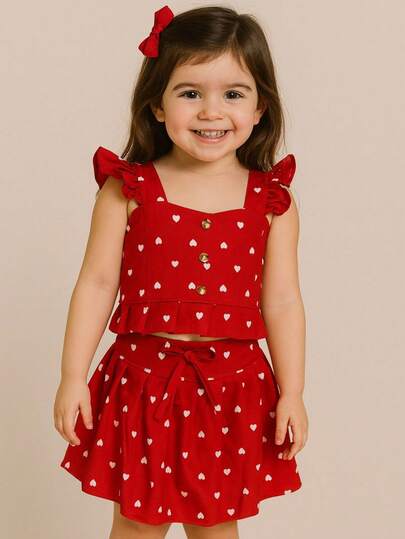 Pequeninos Kids - Conjunto Cropped e Short Saia Infantil Estampa Coração Festa